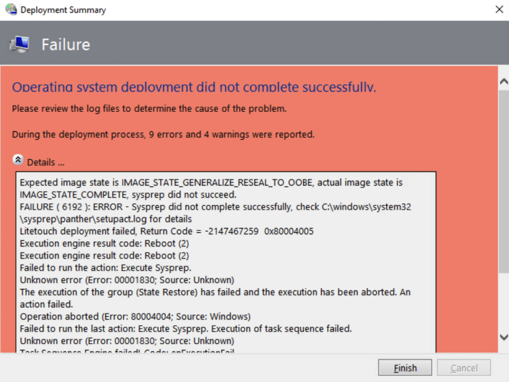 Sysprep did not complete successfully error when starting the sysprep step