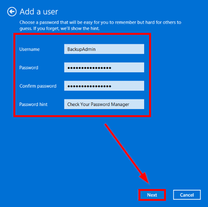 Microsoft Windows 11 24H2 create local user administrative rights admin administrator emergency access account mfa 2fa authentication